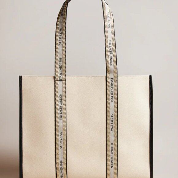 NWT Ted Baker Georjey Branded Webbing Canvas Tote ~ Ecru - Picture 3 of 10